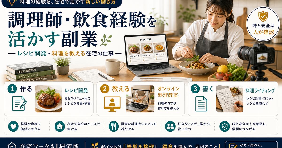 調理師や飲食経験を活かす副業としてレシピ開発、料理教室、料理ライティングを整理した図解