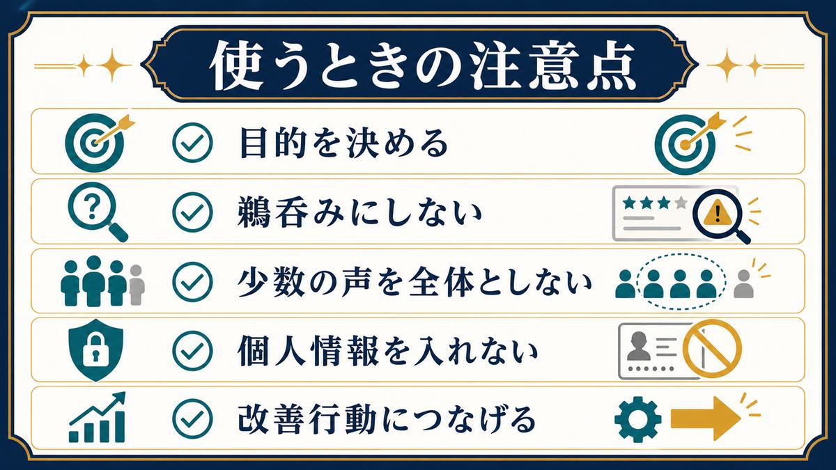 AIで顧客の声を分析するときに目的設定、鵜呑みにしないこと、少数意見の扱い、個人情報保護、改善行動を確認する図解