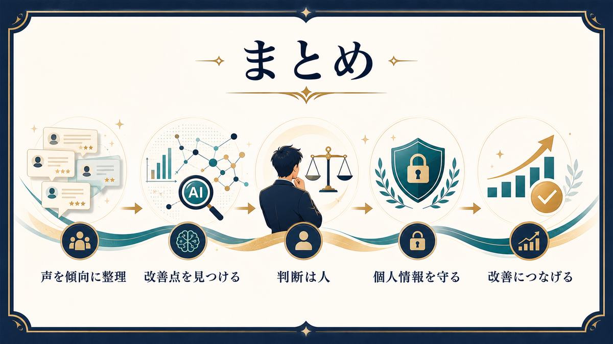 顧客の声をAIで傾向整理し改善点を見つけ人が判断して個人情報を守り改善につなげるまとめ図解