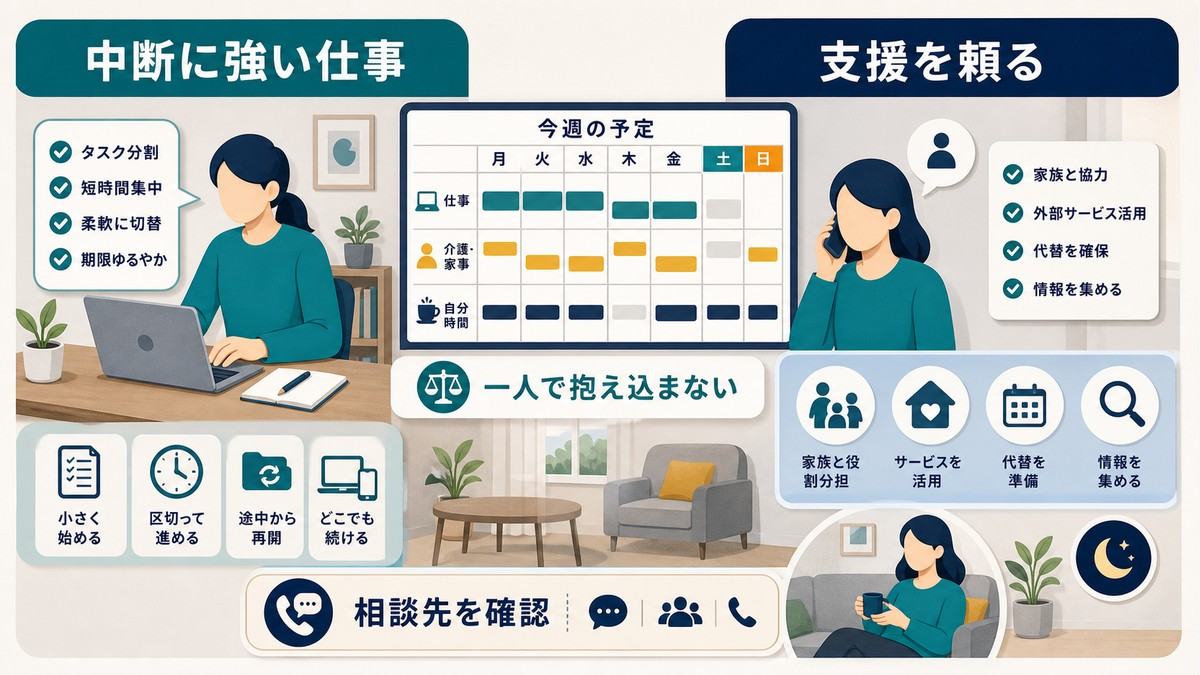 介護と在宅ワークは中断に強い仕事と支援を頼ることが大切という要点図