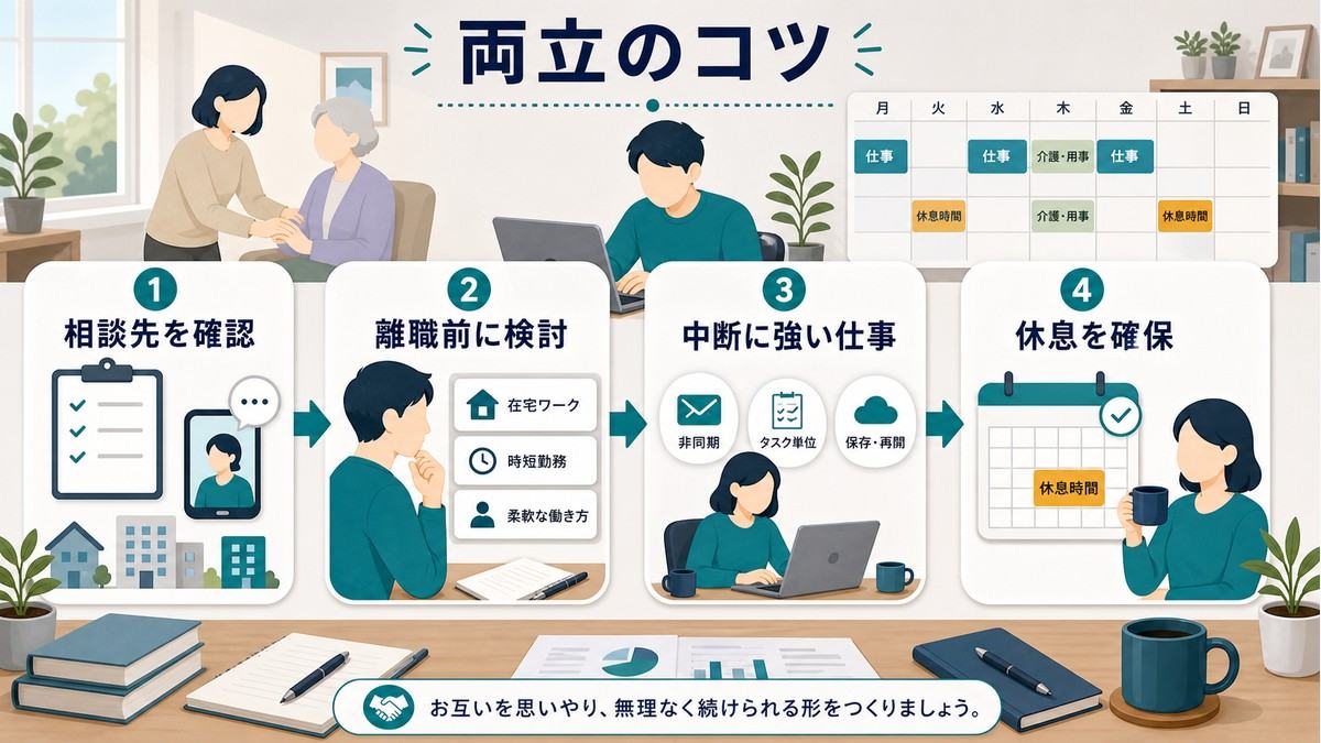 介護と在宅ワークを両立するために相談先確認・離職前検討・中断に強い仕事・休息確保を行う手順図