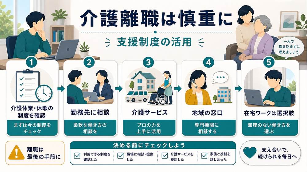 介護離職の前に勤務先相談・介護サービス・地域の窓口・在宅ワークを確認する図