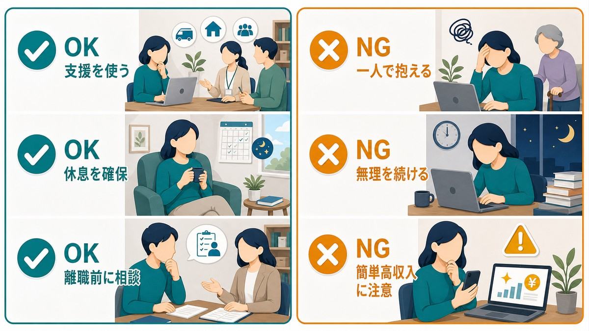 介護と在宅ワークで支援・休息・離職前相談と一人で抱えることや無理を続けることを比較する図