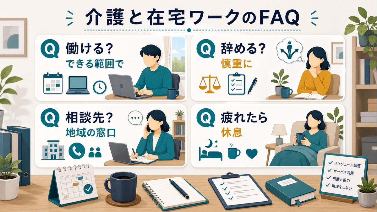 介護と在宅ワークの働ける範囲・離職判断・相談先・休息に関するFAQ図
