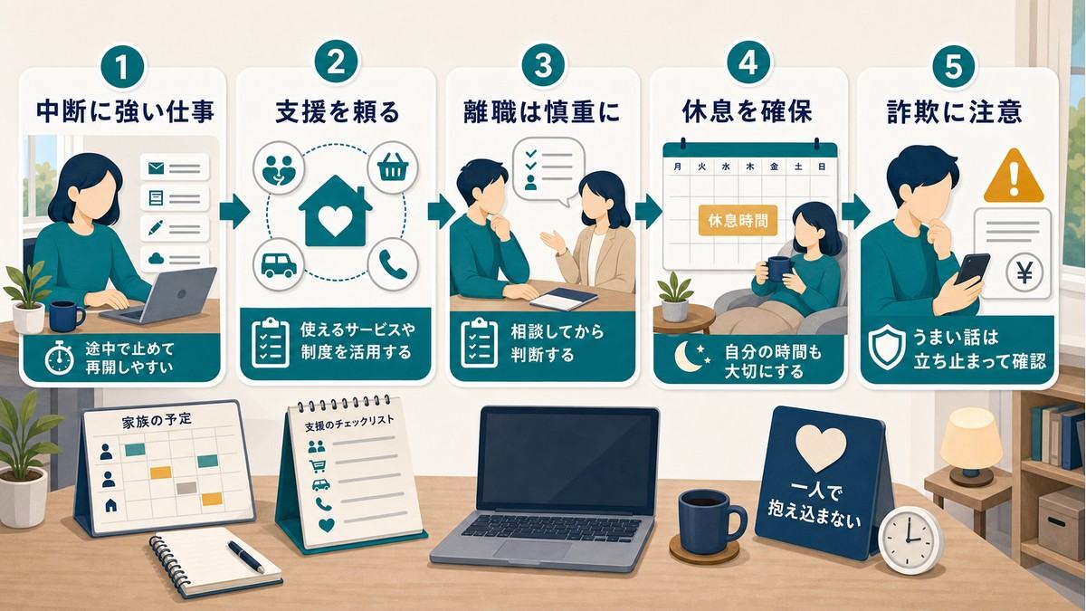 介護と在宅ワークは中断に強い仕事・支援・離職慎重・休息・詐欺注意が要点というまとめ図
