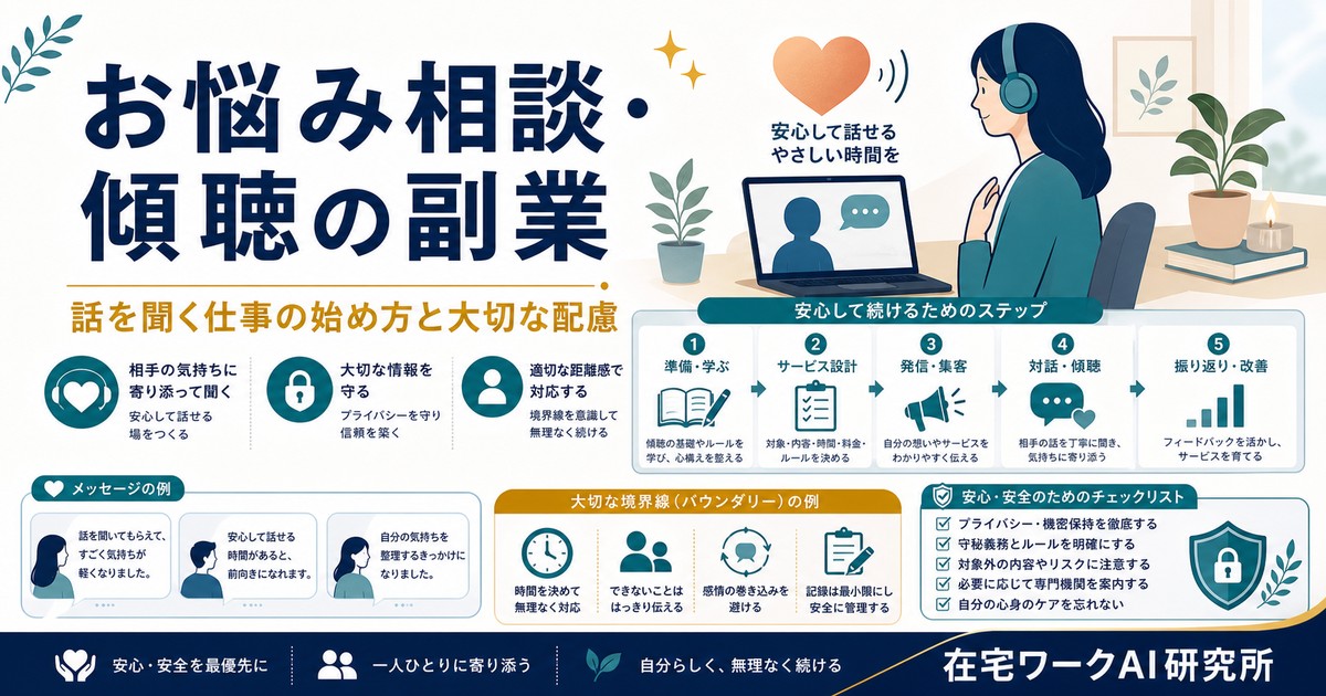 お悩み相談と傾聴の副業の始め方と大切な配慮を整理したアイキャッチ画像