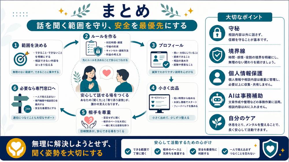 話を聞く範囲安全最優先守秘境界線個人情報保護AI事務補助自分のケアのまとめ図