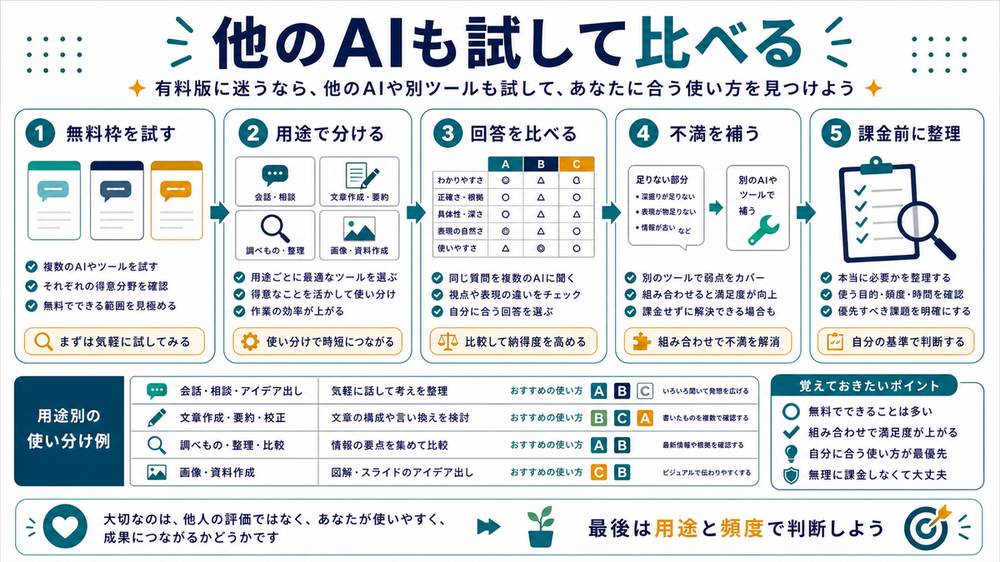 ChatGPT Plusに迷うときの他AI併用として、無料枠を試す、用途で分ける、回答を比べる、不満を補う、課金前に整理、用途と頻度で判断を示す図解