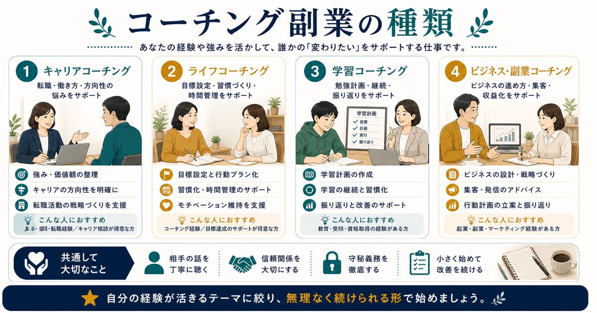 キャリア、ライフ、学習、ビジネスや副業などコーチング副業の種類と支援テーマを整理した図解