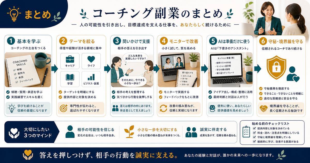 コーチング副業は基本を学びテーマを絞り問いかけで支援しAIは準備に使い守秘と境界線を守るまとめ図解