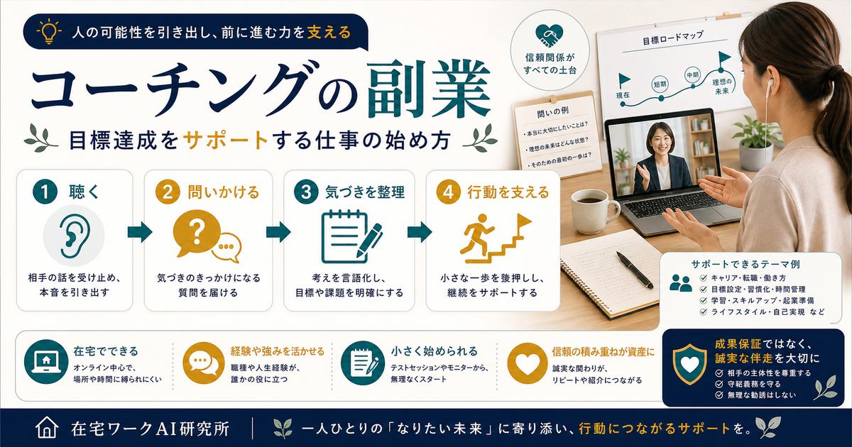 コーチングの副業として目標達成をサポートする仕事の始め方と注意点を整理した図解