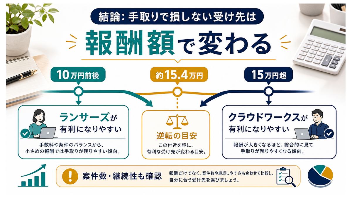 クラウドソーシングの手取りで有利な受け先は報酬額で変わることを示す図解