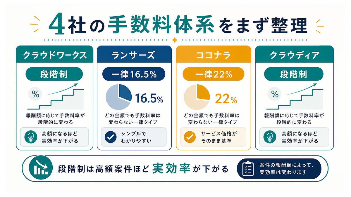 クラウドワークス、ランサーズ、ココナラ、クラウディアの手数料体系を整理した図解