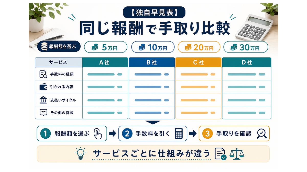 同じ報酬でクラウドソーシング4社の手取りを比較する流れの図解