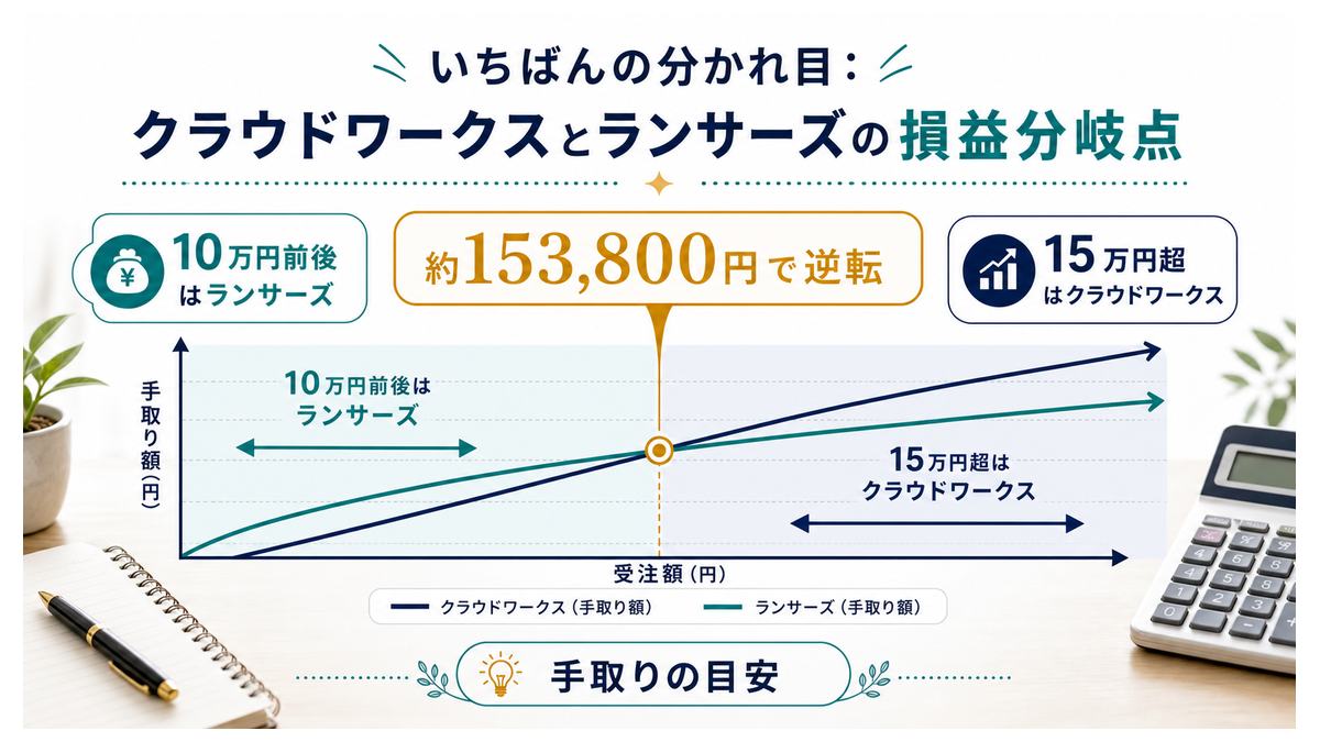 クラウドワークスとランサーズの手取り損益分岐点を示す図解