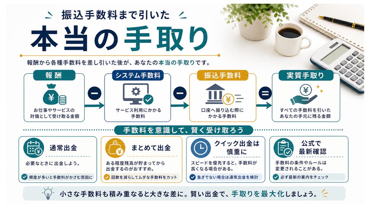 システム手数料と振込手数料を引いた本当の手取りを示す図解