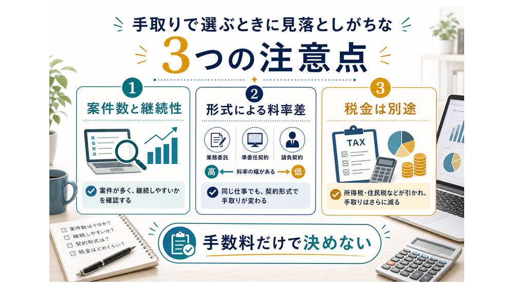 クラウドソーシングを手取りで選ぶときの3つの注意点を示す図解