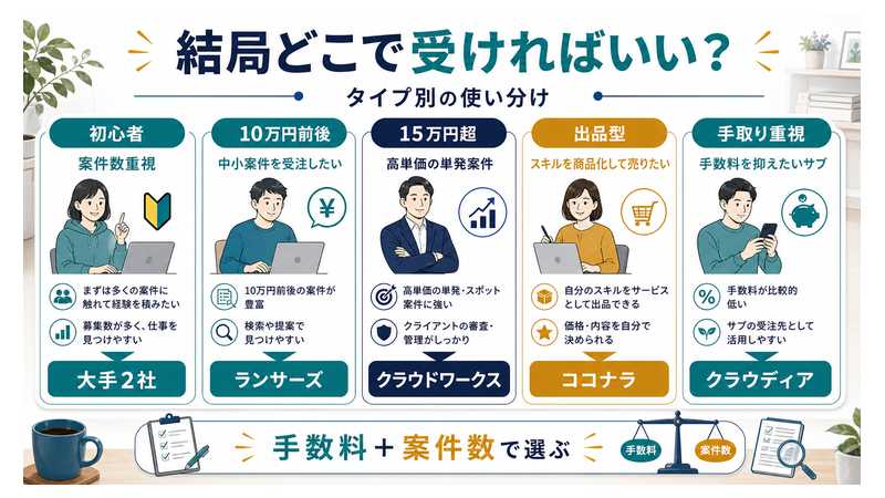 クラウドソーシングサービスをタイプ別に使い分ける図解