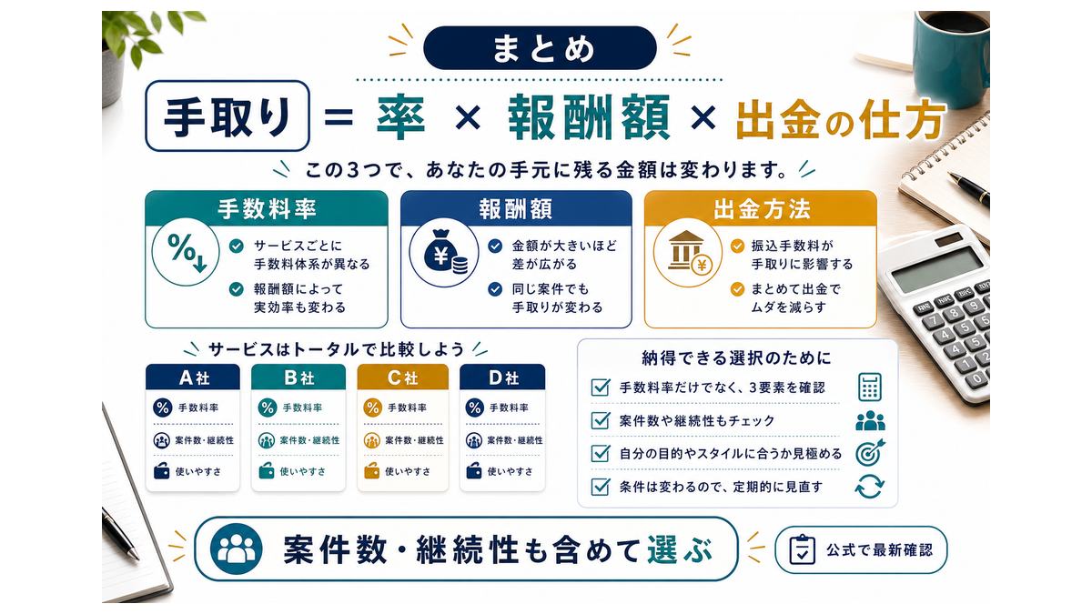 クラウドソーシングの手取りは率、報酬額、出金の仕方で決まるというまとめ図解