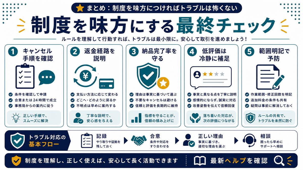 ココナラのトラブル対処でキャンセル手順返金経路納品完了率低評価範囲明記を確認するまとめ図