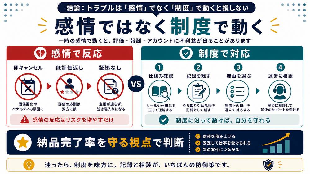 ココナラのトラブルで感情ではなく制度に沿って記録理由選び相談で対応する流れの図
