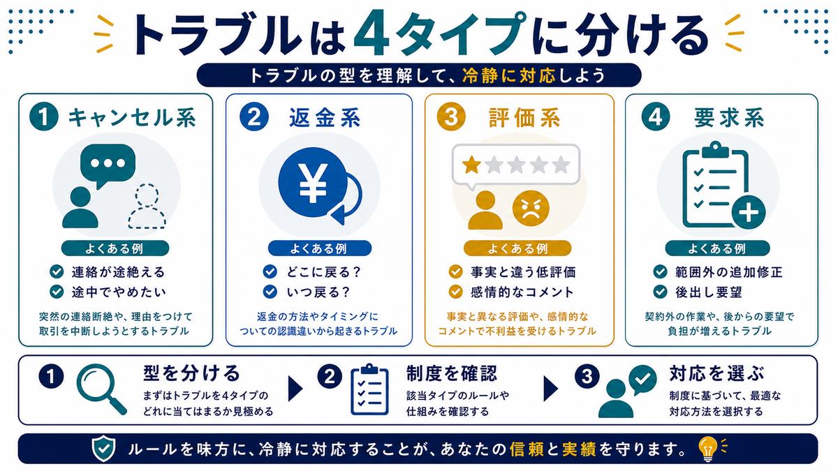 ココナラの取引トラブルをキャンセル系返金系評価系要求系の4タイプに分ける図