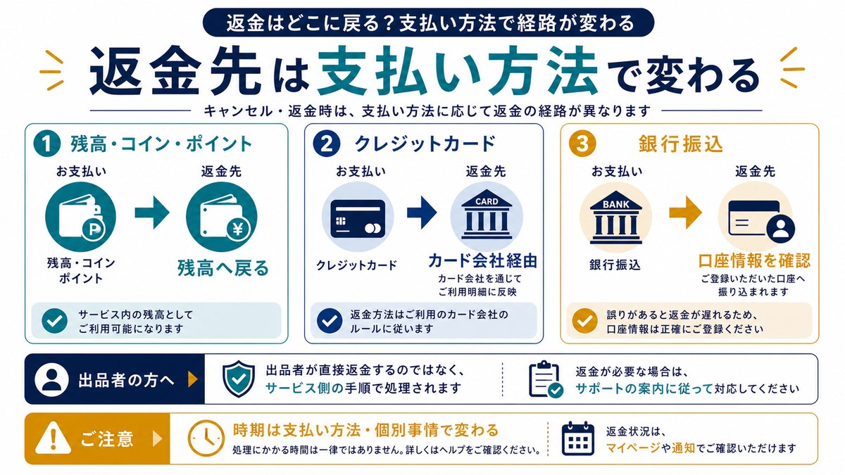 ココナラの返金先が残高コインポイントクレジットカード銀行振込で変わることを示す図