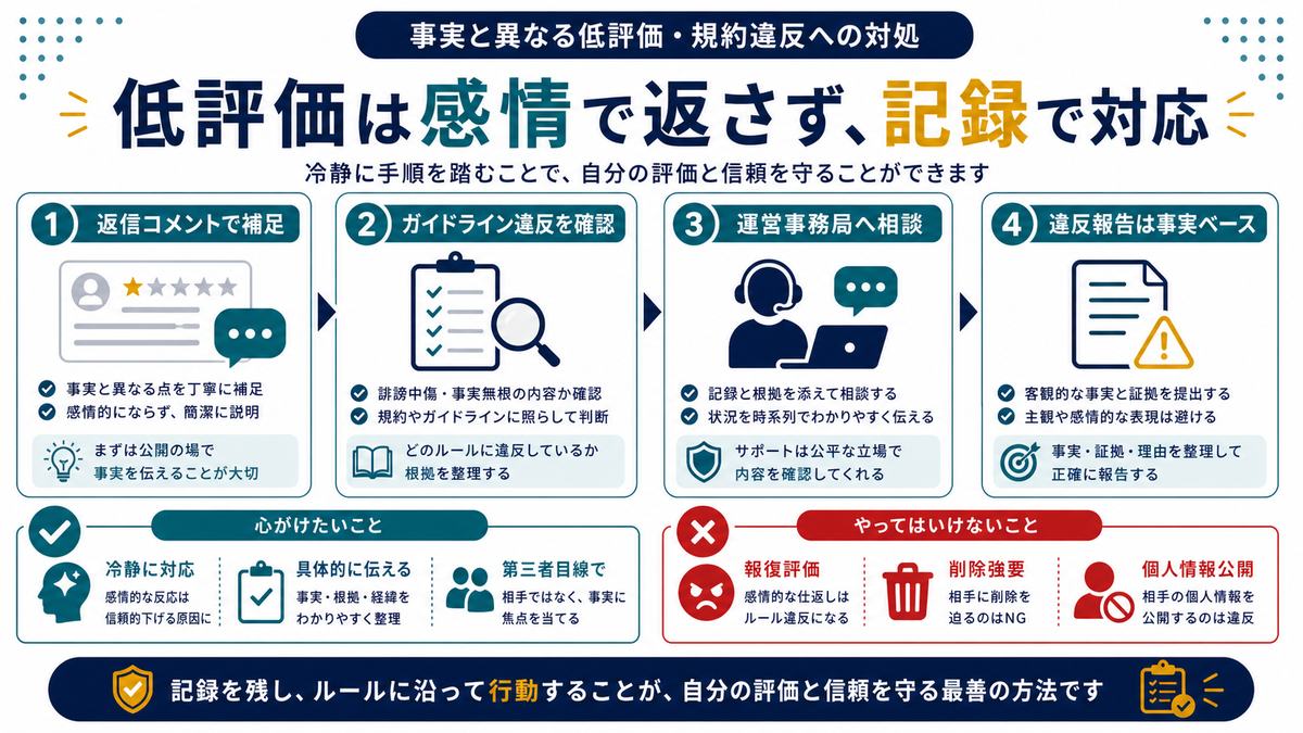 ココナラの低評価や規約違反に返信コメント運営相談違反報告で冷静に対応する図