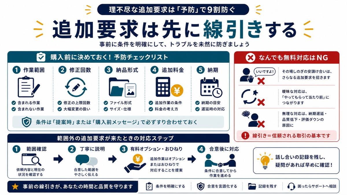 作業範囲修正回数納品形式追加料金納期を先に決めて理不尽な追加要求を防ぐ図