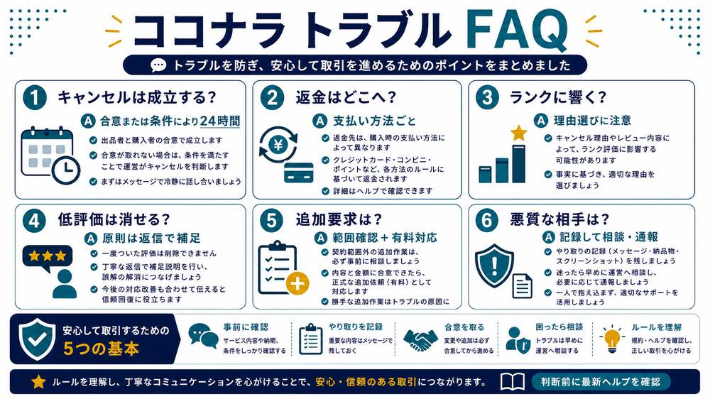 ココナラのキャンセル返金ランク低評価追加要求悪質購入者に関するFAQ図