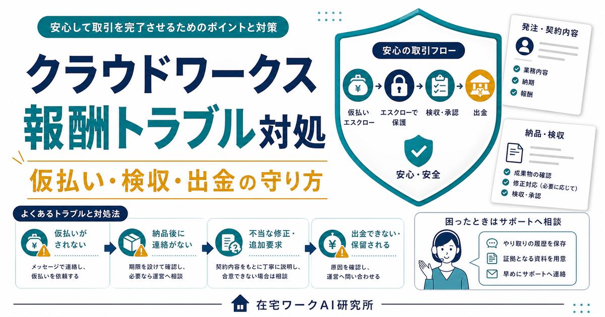 クラウドワークスの仮払いと検収と出金トラブル対処を整理したアイキャッチ画像