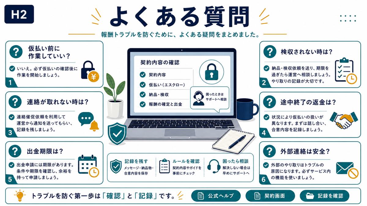 仮払い前の作業や検収されない時や連絡不能や出金期限に関するFAQ図解