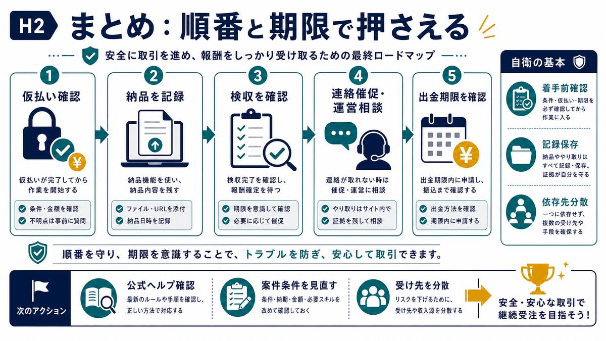 仮払い確認から納品記録と検収確認と連絡催促と出金期限確認までのまとめ図解