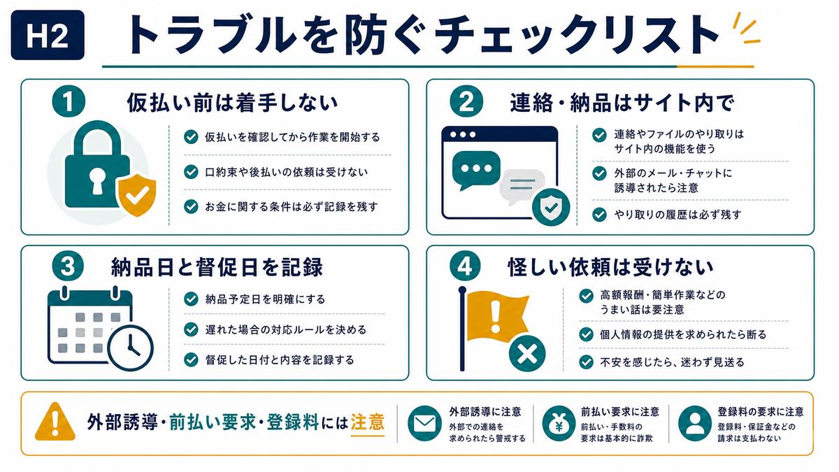 仮払い前着手を避けサイト内連絡と納品日記録と怪しい依頼回避でトラブルを防ぐチェックリスト