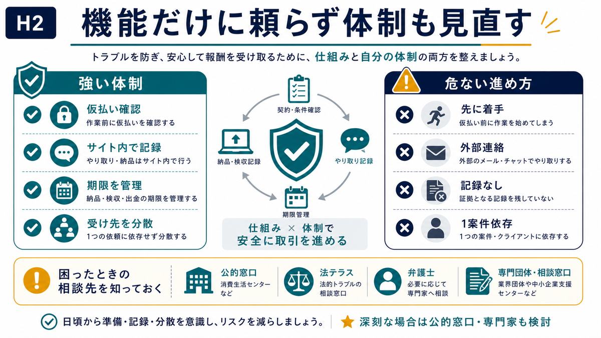 クラウドワークスの機能だけに頼らず記録保存と期限管理と受け先分散を見直す図解