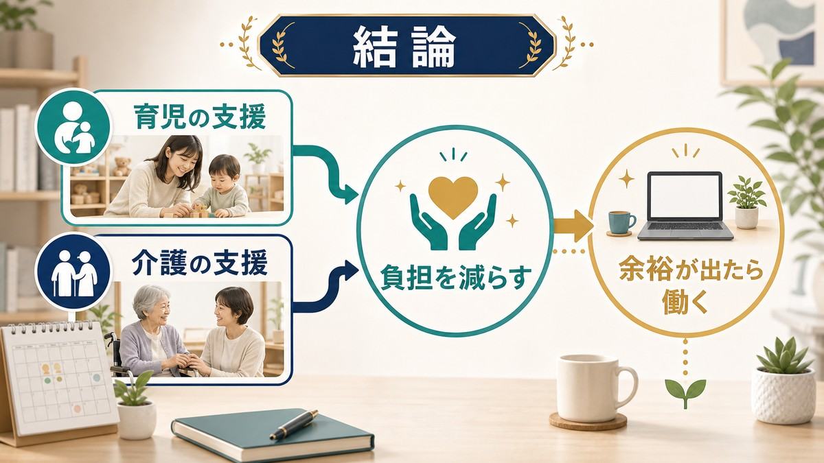ダブルケアでは育児の支援と介護の支援につながり負担を減らして余裕が出たら働く流れの図解