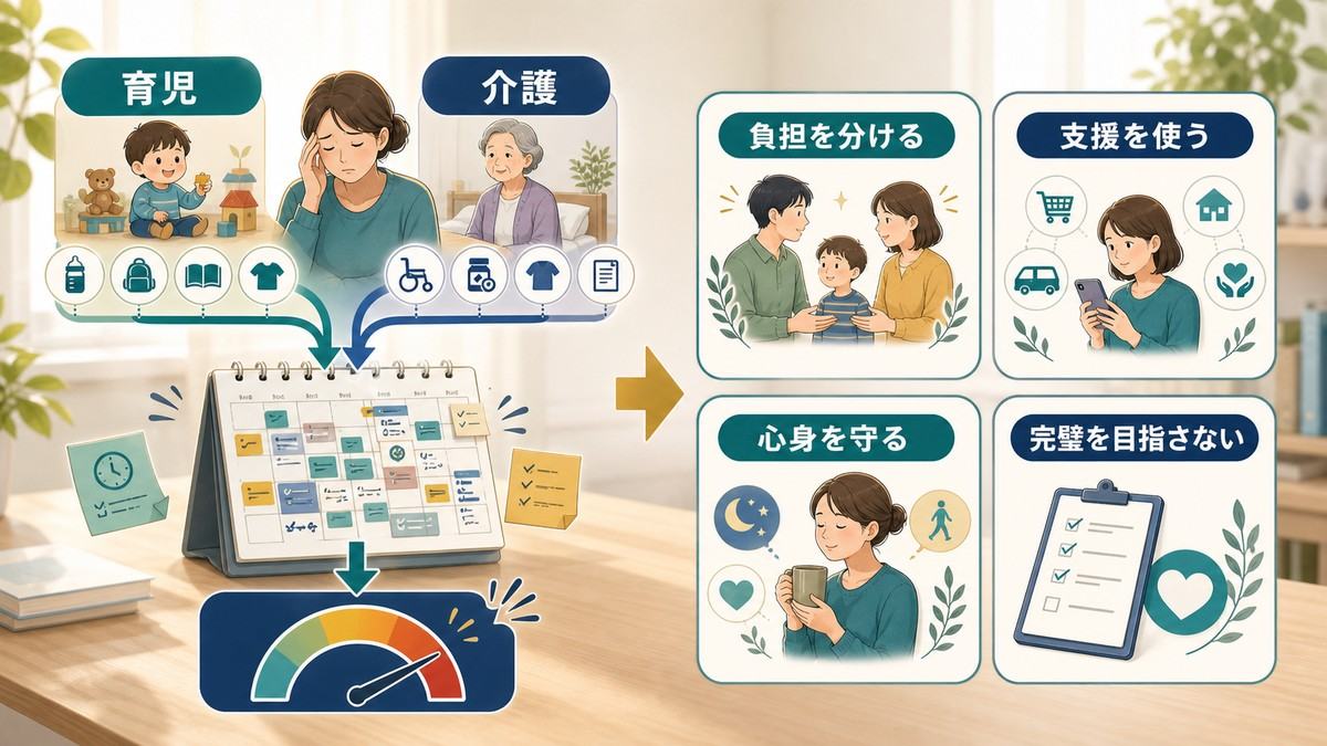 育児と介護が重なる負担を分け支援を使い心身を守り完璧を目指さない考え方の図解