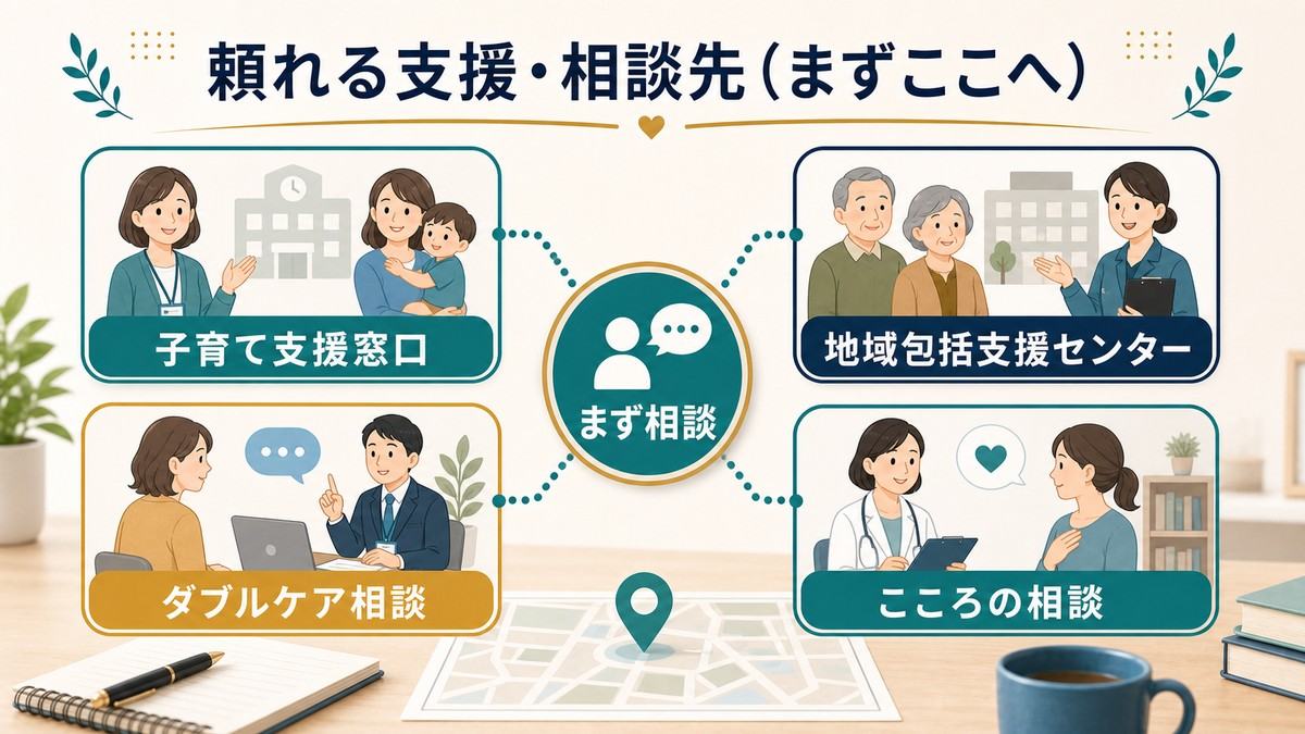 子育て支援窓口、地域包括支援センター、ダブルケア相談、こころの相談へまず相談する流れの図解