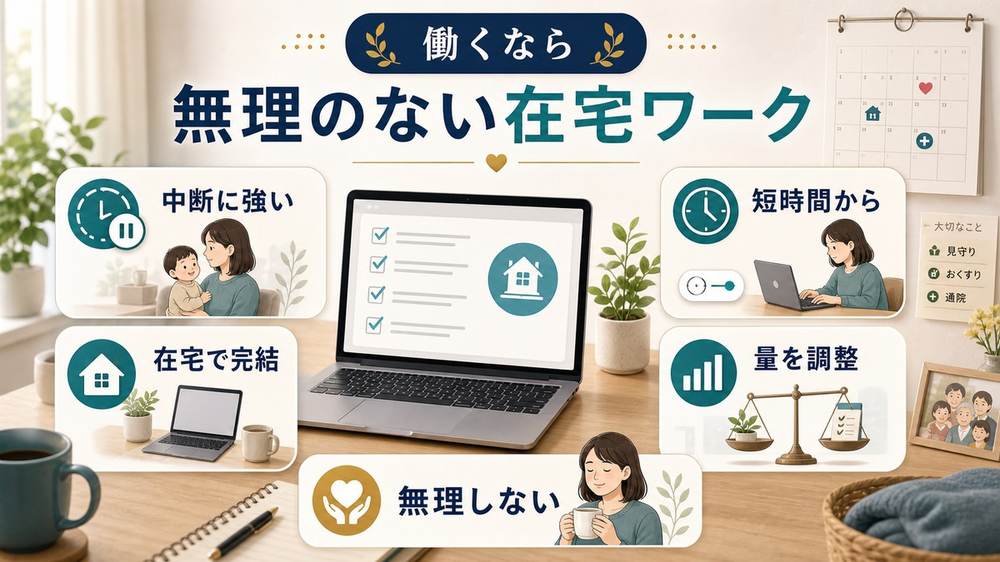 ダブルケア中に働くなら中断に強く短時間から在宅で完結し量を調整できる無理のない在宅ワークの図解