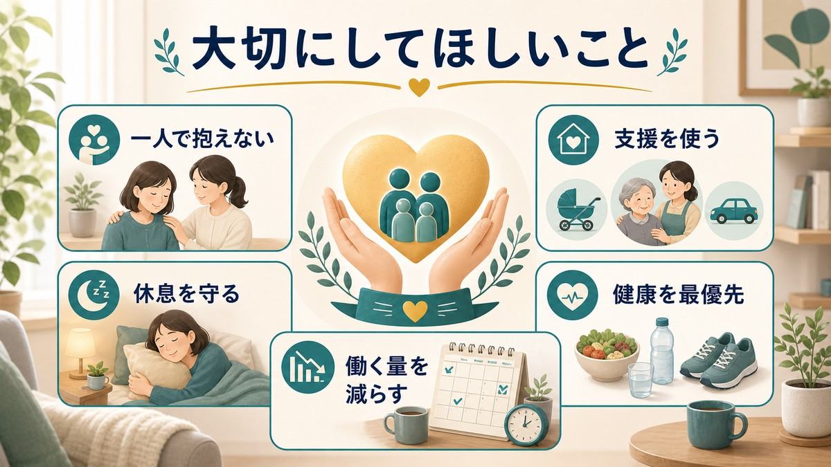 ダブルケアで一人で抱えず支援を使い休息を守り健康を最優先にして働く量を減らす大切なことの図解