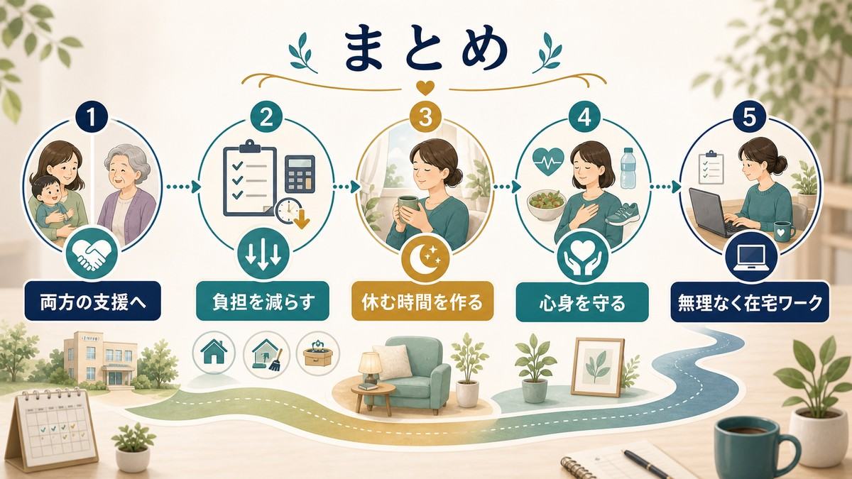 ダブルケアで両方の支援へつながり負担を減らし休む時間を作り心身を守り無理なく在宅ワークを考えるまとめ図解