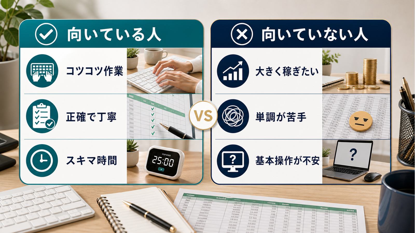 コツコツ作業正確で丁寧スキマ時間に向く人と大きく稼ぎたい単調が苦手基本操作が不安な人の比較図