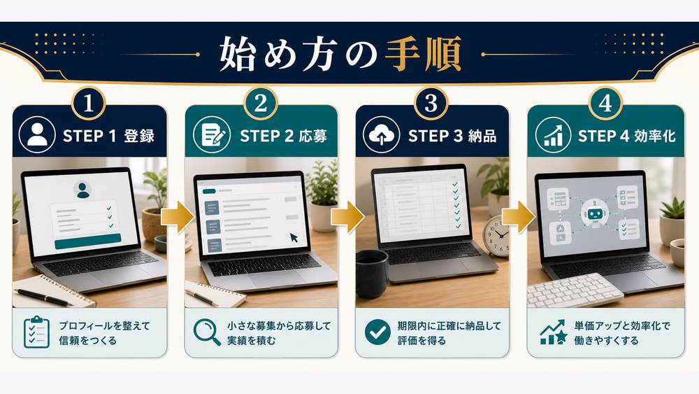 登録応募納品効率化のデータ入力在宅副業開始手順図