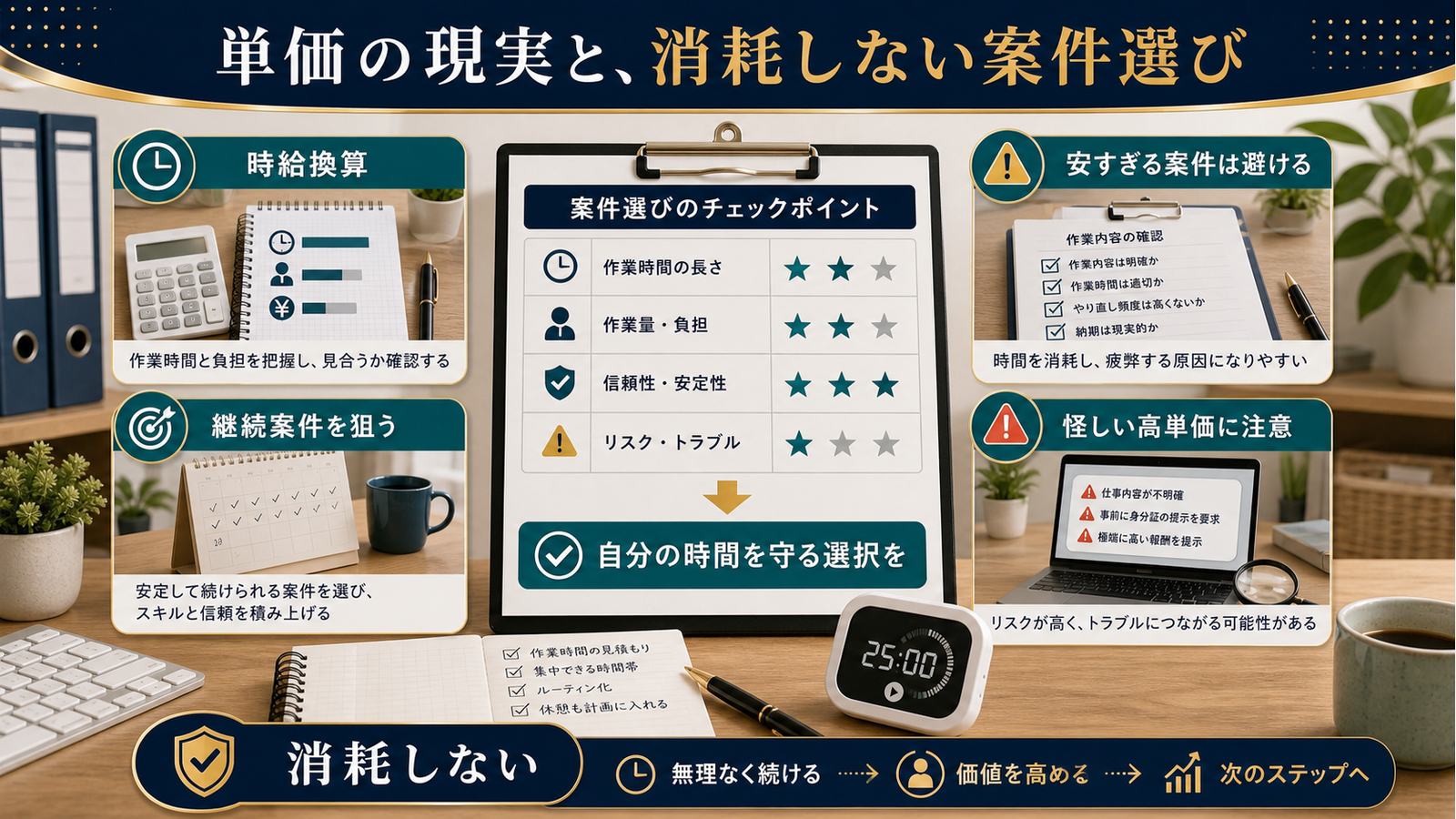 時給換算安すぎる案件は避ける継続案件を狙う怪しい高単価に注意し消耗しない案件選び図