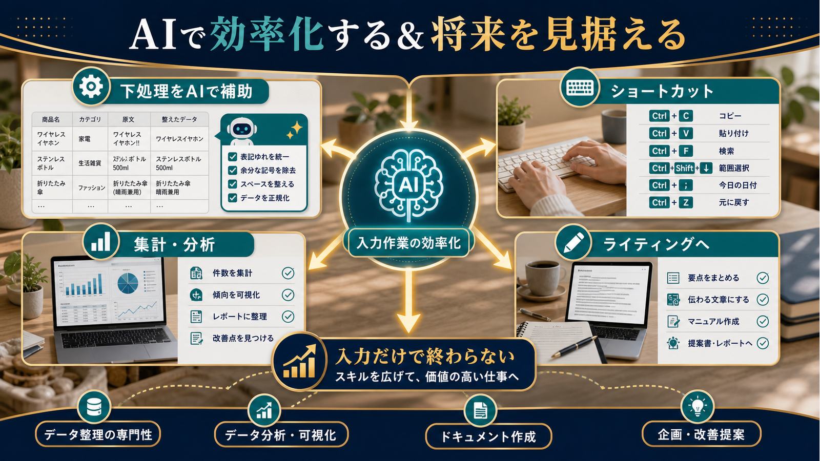 下処理をAIで補助ショートカット集計分析ライティングへ広げ入力だけで終わらない効率化図