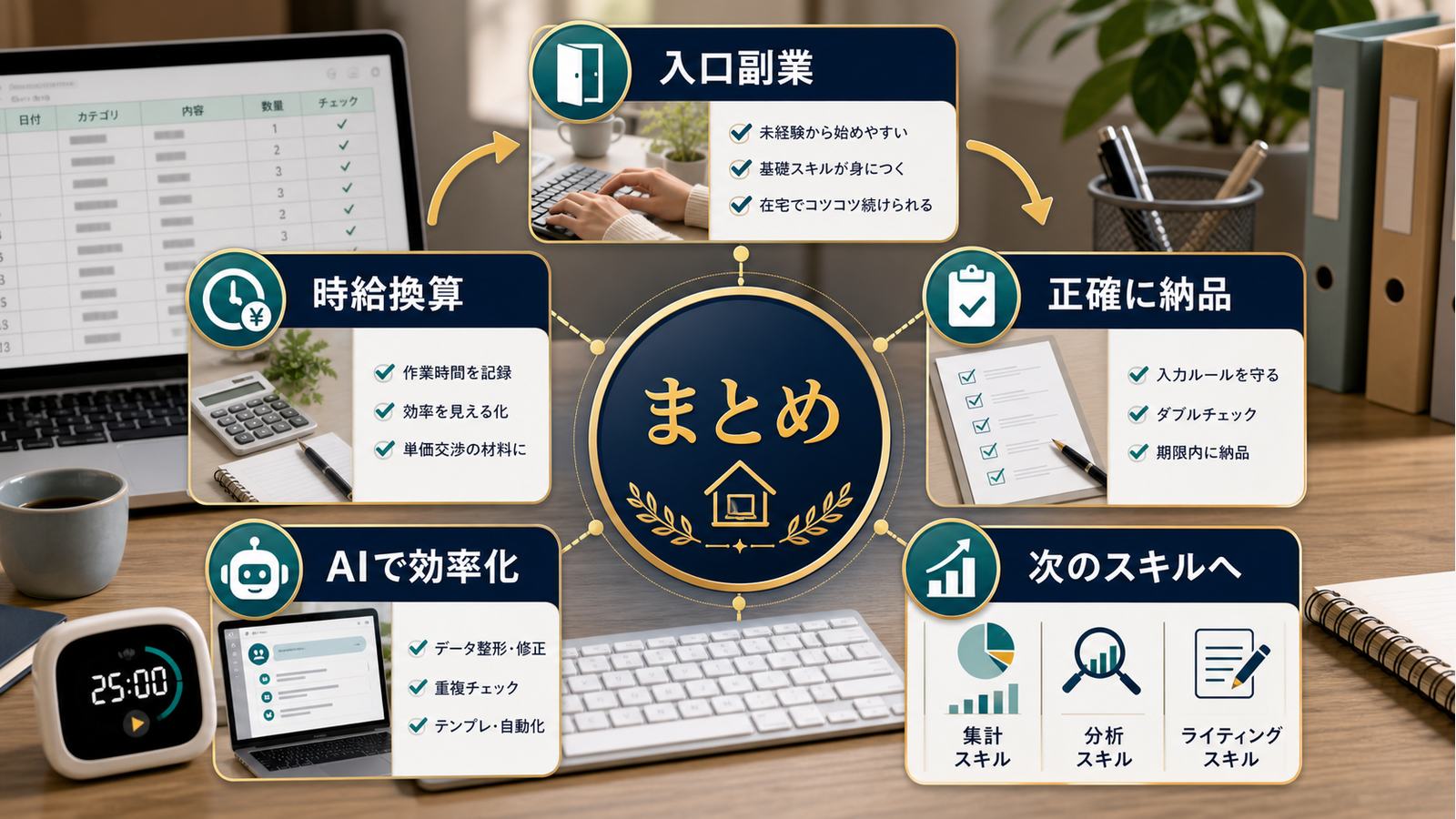 入口副業時給換算正確に納品AIで効率化次のスキルへ進むデータ入力まとめ図