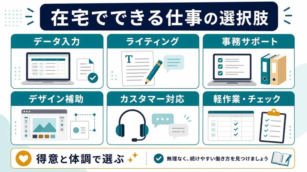 在宅でできる仕事の選択肢として、データ入力、ライティング、事務サポート、デザイン補助、カスタマー対応、軽作業やチェックを示す図解