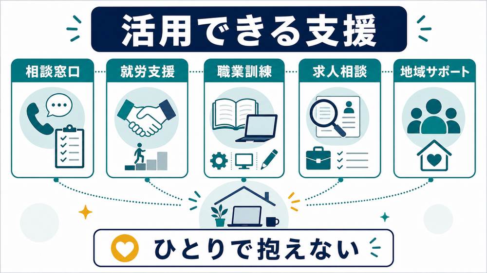 活用できる支援として、相談窓口、就労支援、職業訓練、求人相談、地域サポート、ひとりで抱えないを示す図解