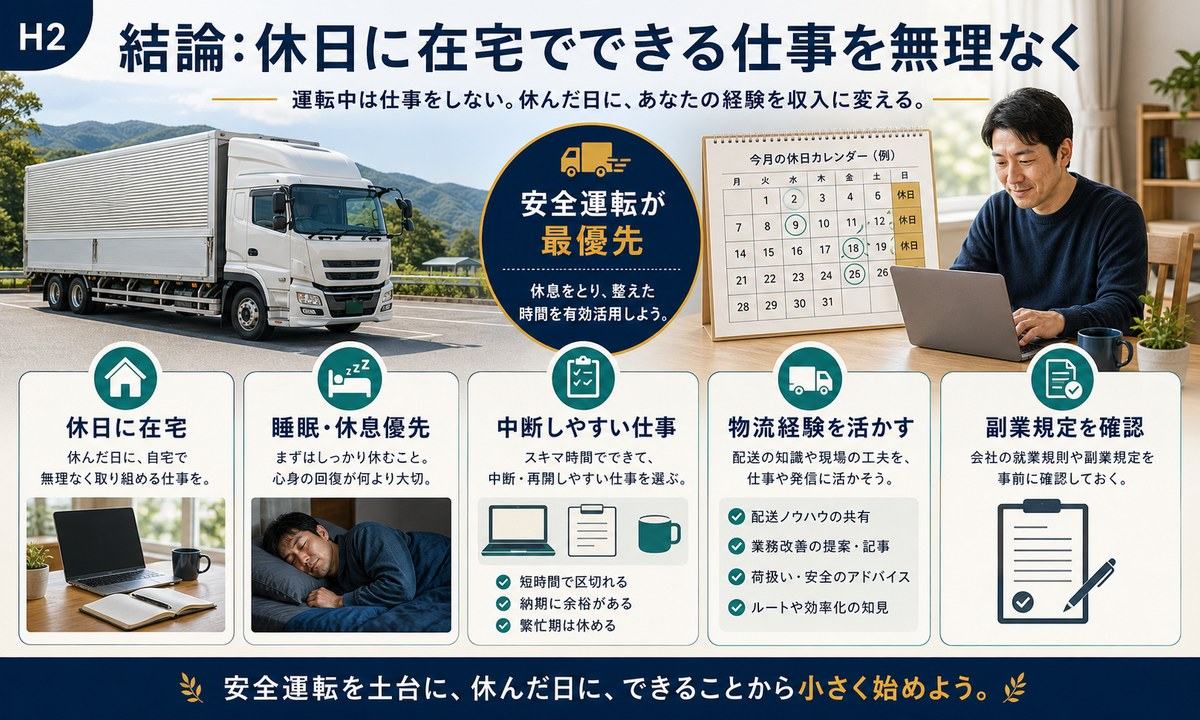 ドライバーが休日に在宅で無理なく副業し睡眠と休息を優先し物流経験を活かす流れの図解