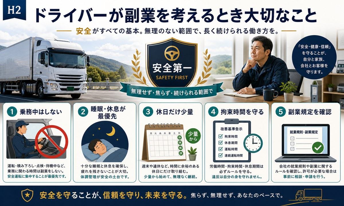 乗務中は副業をせず睡眠と休息を最優先し休日だけ少量にして拘束時間と副業規定を確認する図解